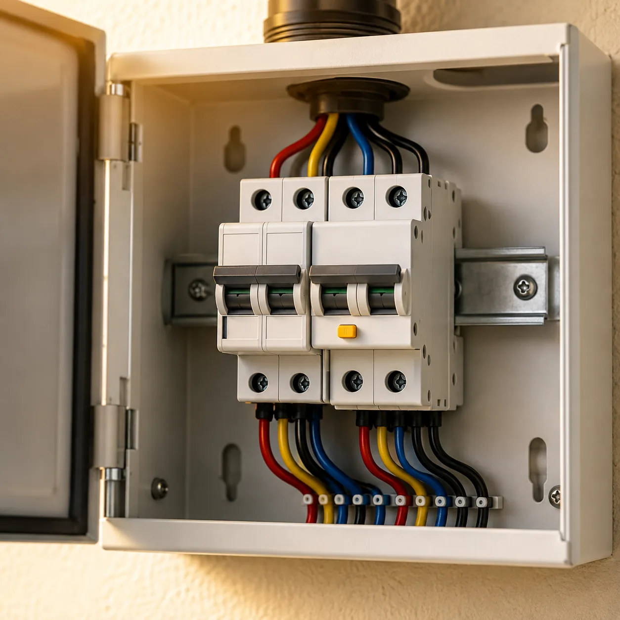 An open protection enclosure showing an MCB and an RCBO mounted on a DIN rail, with colour-coded cores ferruled and terminated below.