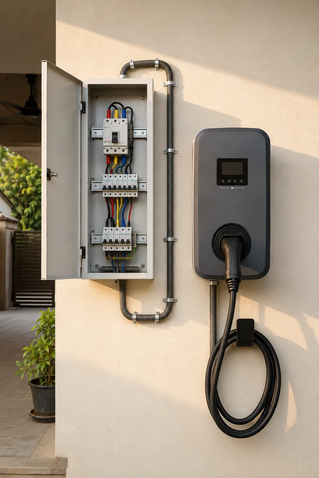 An open metal enclosure showing a four-pole isolator and rows of protection devices on DIN rails, with a dark AC charger mounted on the wall beside it.