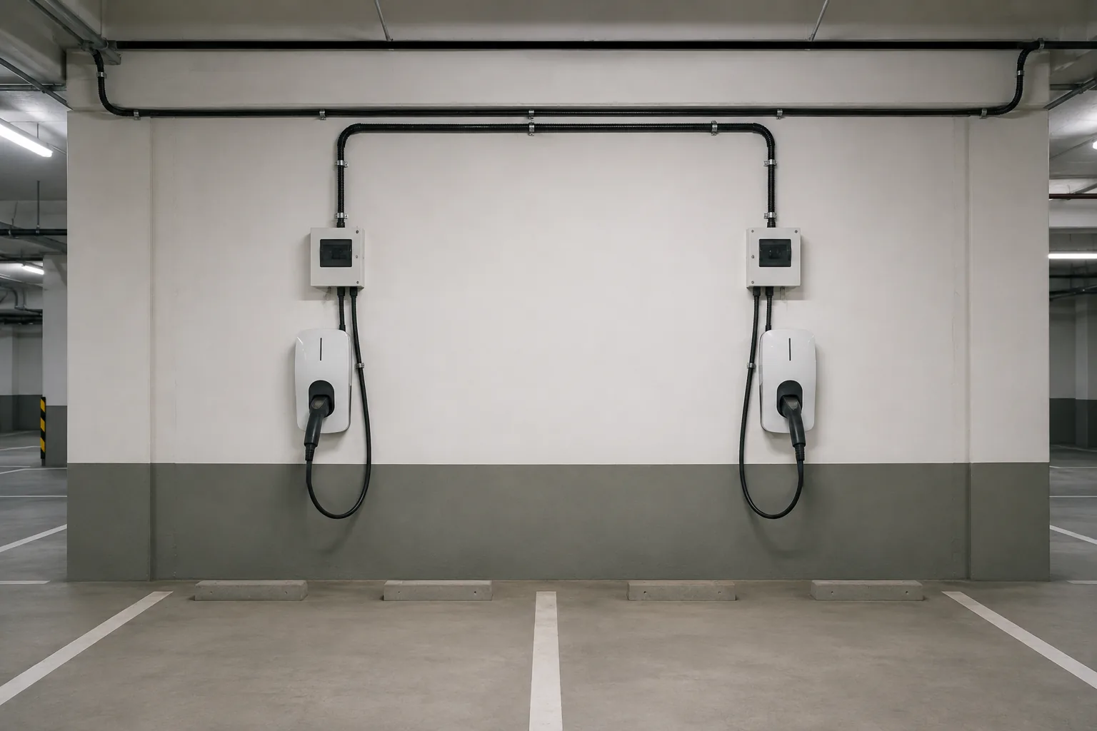 Two wall-mounted charge points in a society basement, each fed from its own small enclosure by a clamped conduit run along the wall.