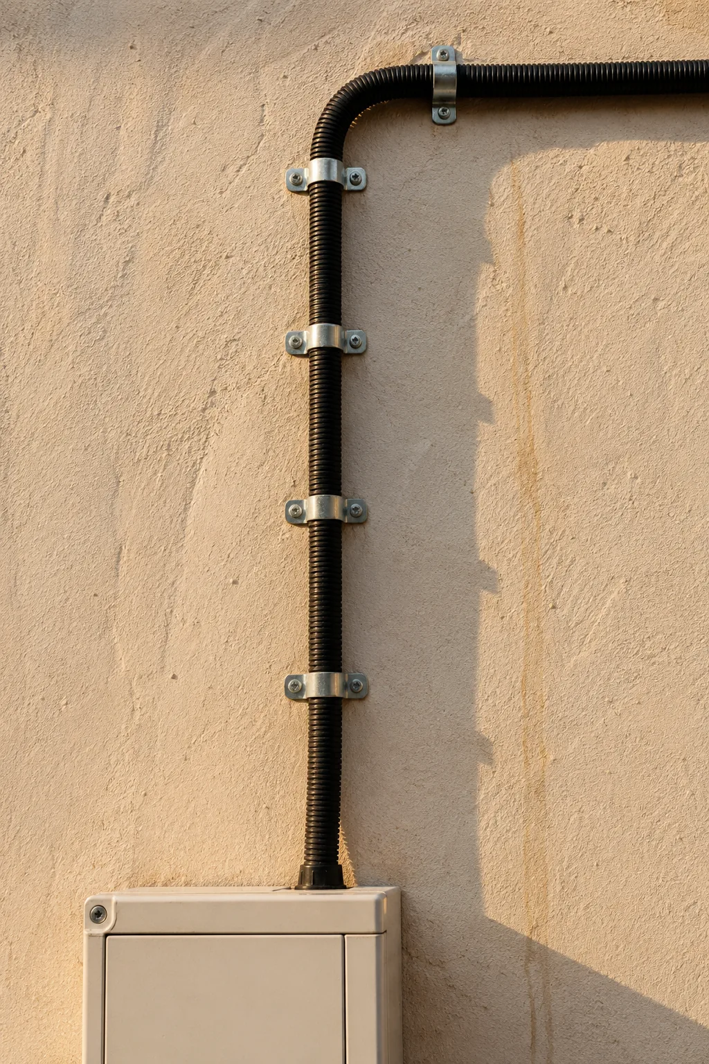A black flexible conduit running vertically up a beige plaster wall, held by evenly spaced saddle clamps, turning through a right angle at the top.