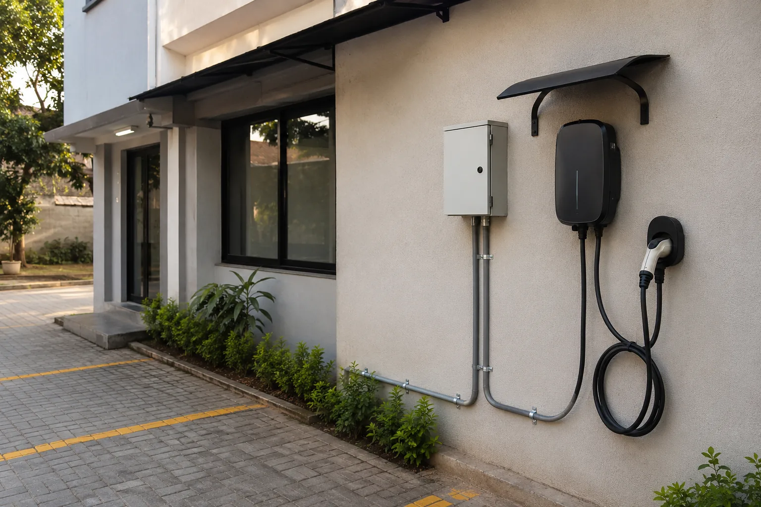 A charge point on the outside wall of a commercial building under a small weather shield, with its enclosure and galvanised conduit run beside the parking bay.
