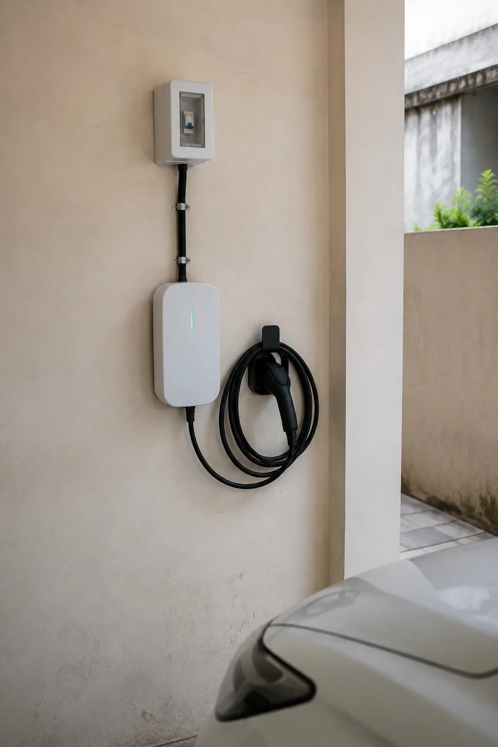 A compact 3.3 kW AC wallbox mounted on a residential wall, its protection enclosure above it and the charging gun coiled on a holster alongside.