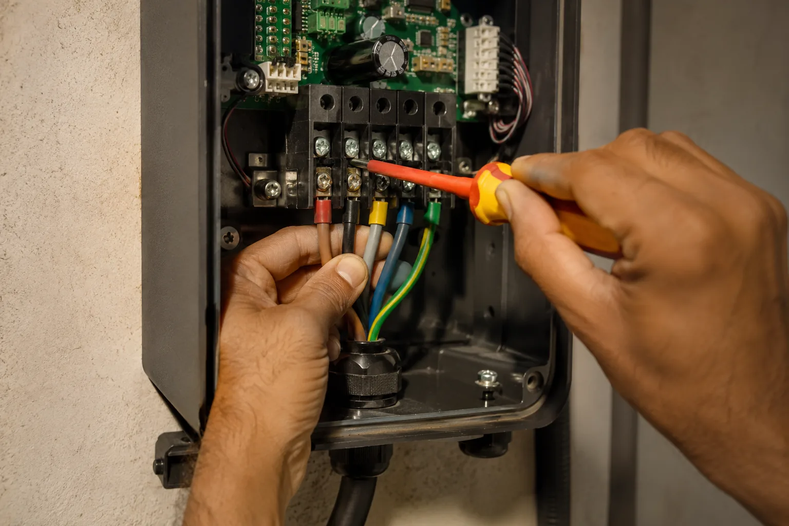 Close view of two hands terminating colour-coded cores into a charger terminal block with an insulated screwdriver, cores ferruled and the gland tightened below.